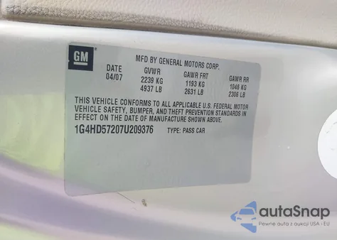 2007 Buick Lucerne Cxl z USA, uszkodzony, nr VIN 1G4HD57207U209376